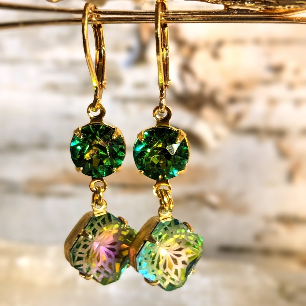 Gorgeous Green AB And Mosaic Flower Crystal Earrings In 18K Gold Plated